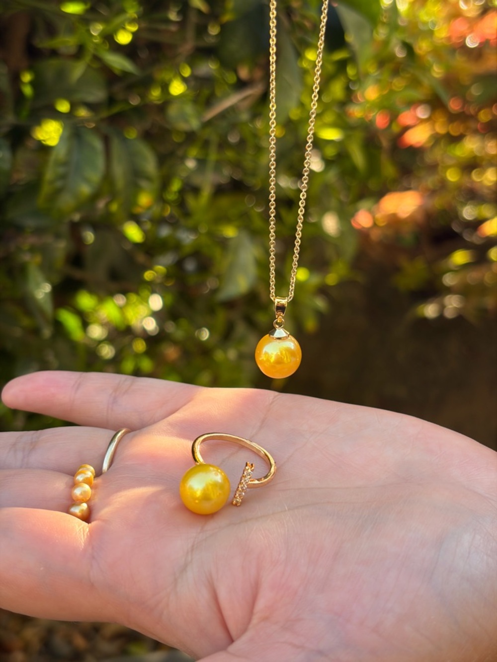 Genuine Freshwater Pearl in golden yellow Necklace&Adjustable Ring Set | Micron